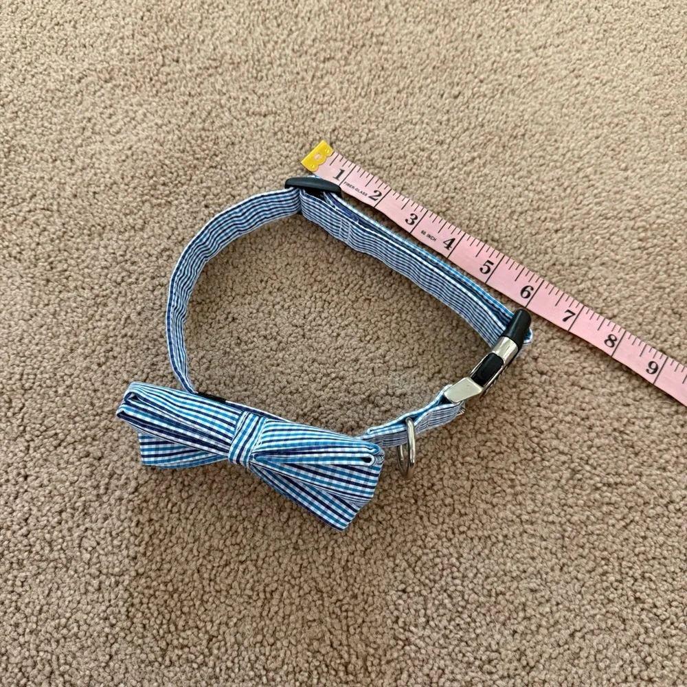 Blue Checkered Grid Dog Collar and Detachable Bow Tie Set - Adjustable - Large